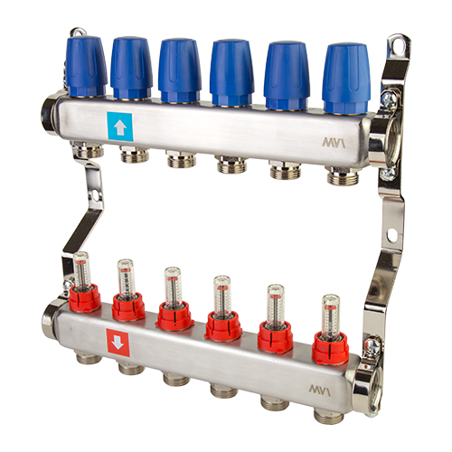 Коллектор из нержавеющей стали в сборе с расходомерами 1"-3/4", 6 выходов MVI